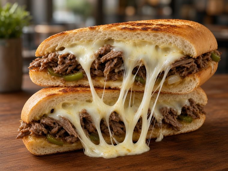 Steak and cheese hoagie at Corner Café, cut to show melted cheese and chopped steak