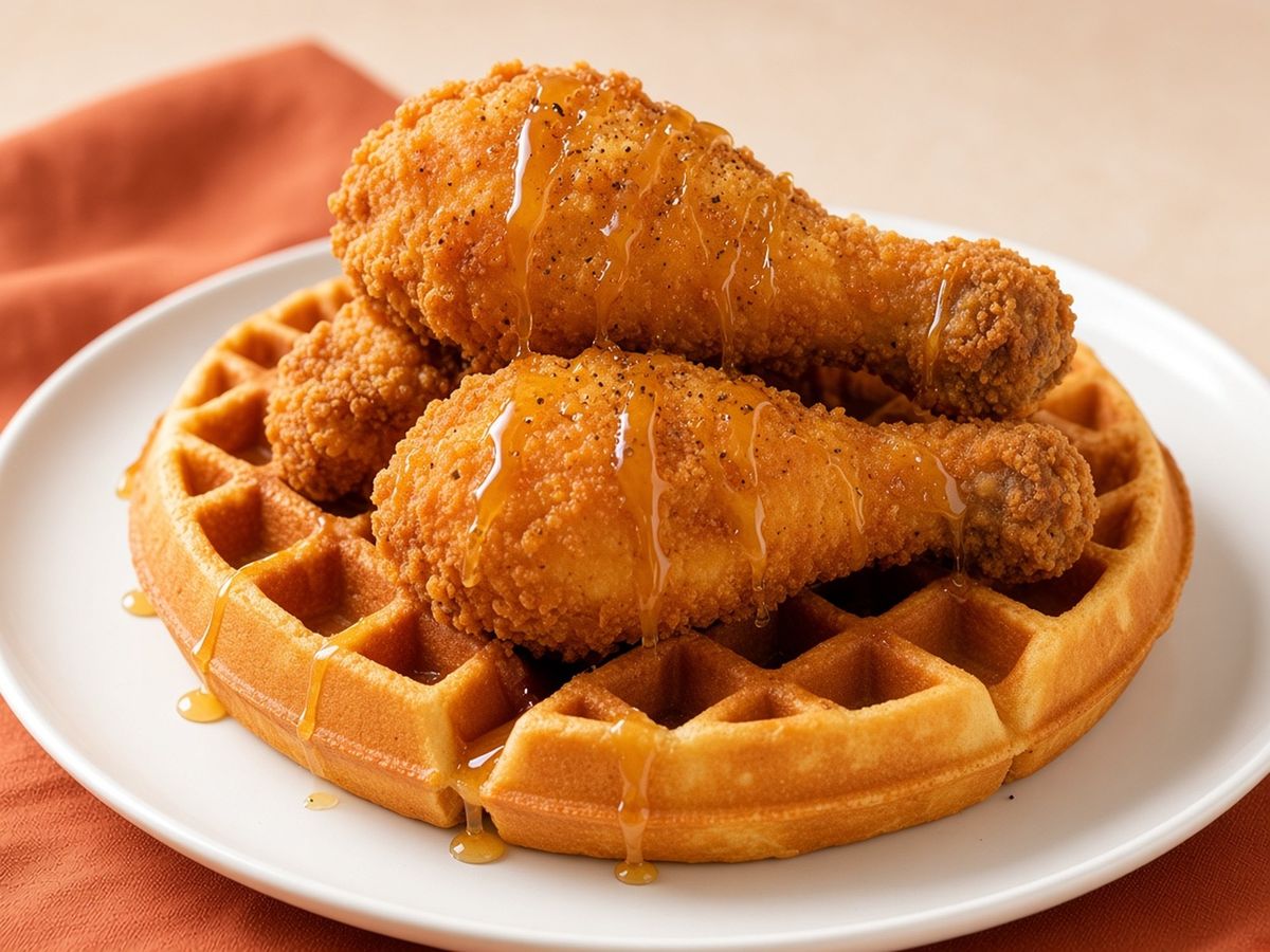 Chicken and waffles at Corner Café — three crispy drumsticks on a Belgian waffle with honey