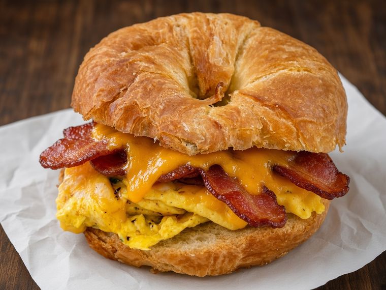 Bacon, egg, and cheese breakfast sandwich on a toasted croissant at Corner Café