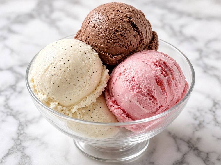 Three scoops of Hershey's ice cream at Corner Café — vanilla, chocolate, and strawberry