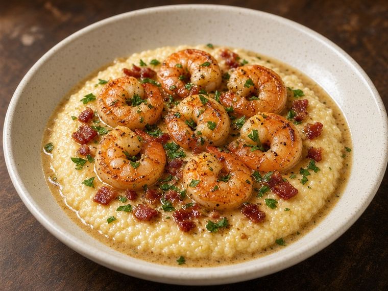 Shrimp and grits at Corner Café — sautéed shrimp over creamy grits with bacon